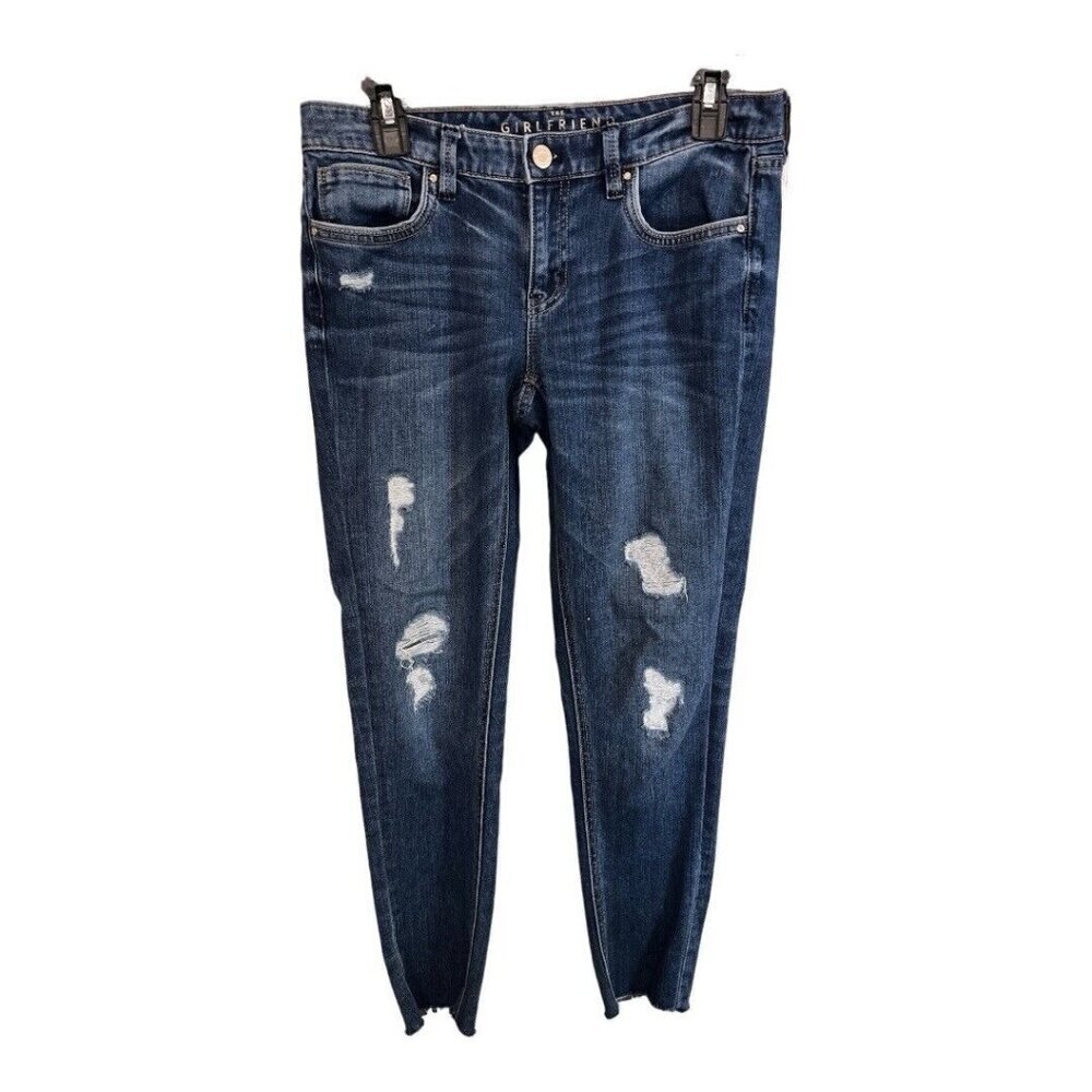 WHBM The Girlfriend Raw Hem Distressed Chain Jeans ~ Size 2~Medium Wash ~ L13 04